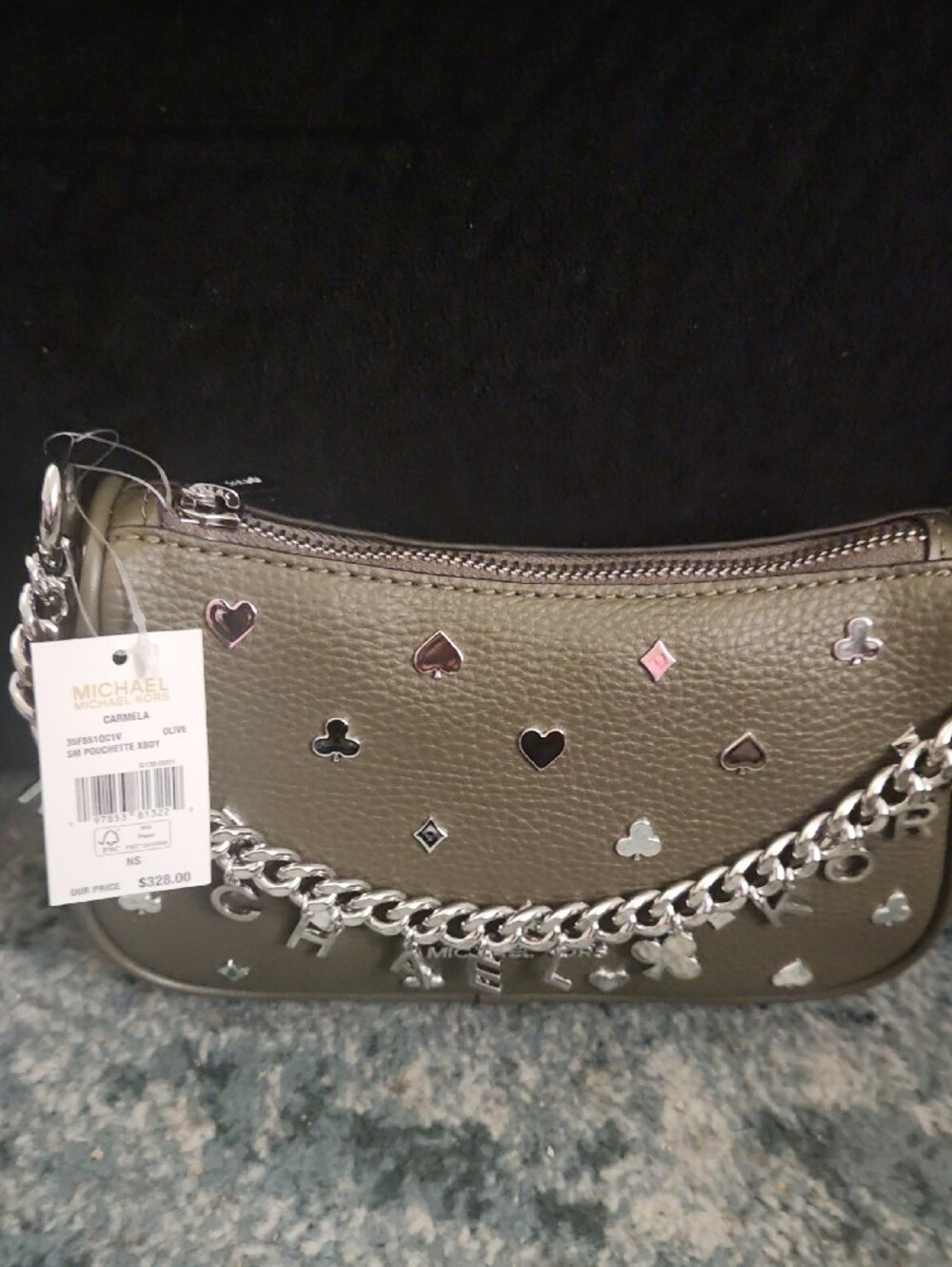 Michael Kors Olive Pebbled Leather W/ Name Chain Shoulder Bag w/ Card-Suit Studs